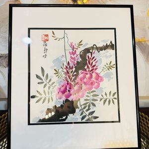 ORIGINAL ASIAN FINE ART CHINESE FIGURE WATERCOLOR PAINTING PINK FLOWERS FLORAL